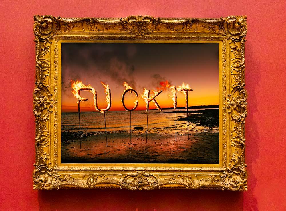 "fuck it" from the CommoN series.  

iLon Gallery, NYC 

20"x30 print size (frame is part of the photograph image, no real frame.  Print is 20"x 30 with the red border all around).
edition 15 : COMMON : Salem Krieger